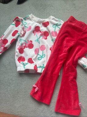 Disney White Pink Red Cherry Print Top with Red Pants Matching Set